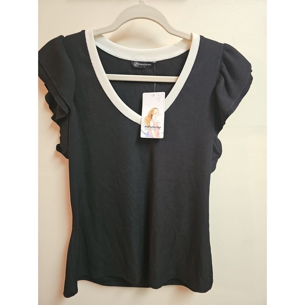 Pretty Garden Black Ribbed Cap Ruffle Sleeve Top Cream Trim Size L NWT